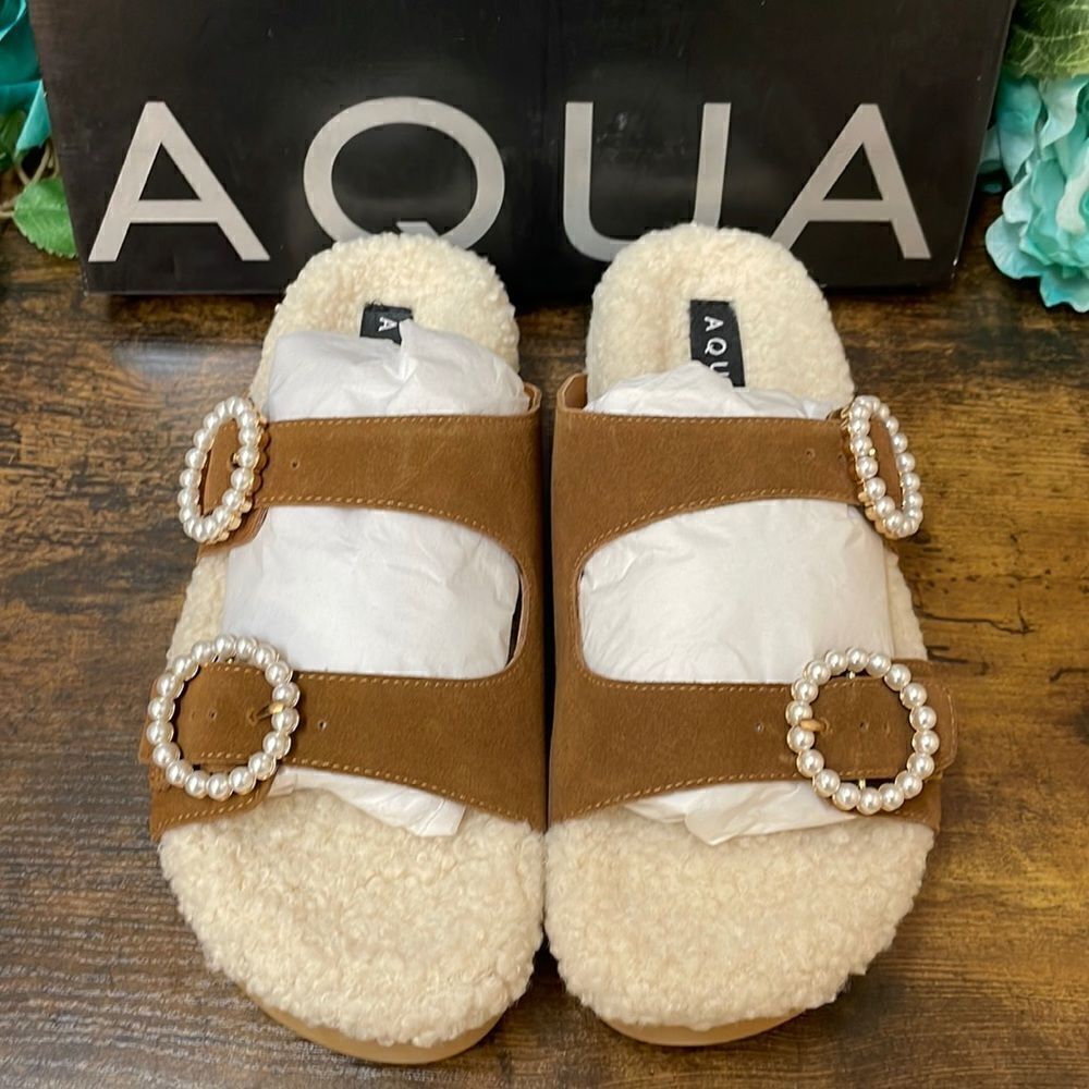Aqua Women's Furry Embellished Sandals 7.5